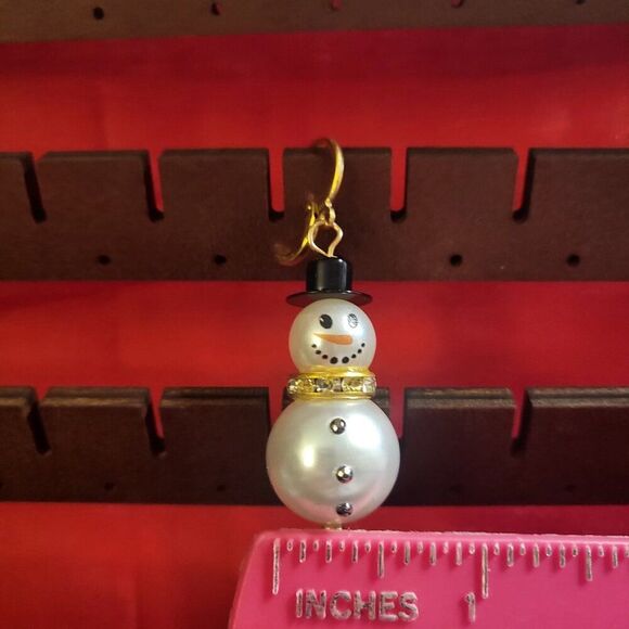 Festive Glass Pearl Snowman Drop Earrings - Picture 5 of 5